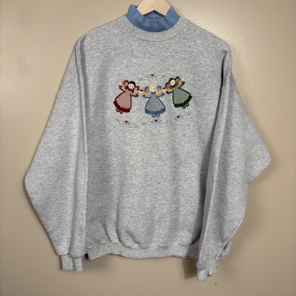 Vintage Endless Designs Angel Embroidered Mock Neck Sweatshirt 90s XL Grandma